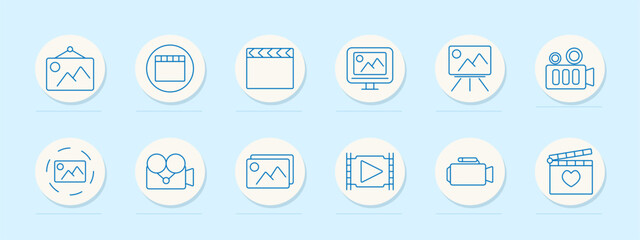 Cinema set icon. Picture frame, clapperboard, monitor, tripod, camera, film reel, play button, heart symbol. Represent video production, creativity, and storytelling in cinema