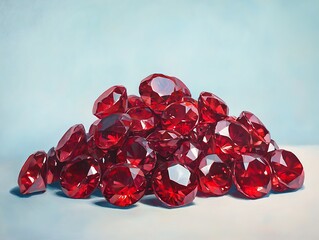 A pile of red rubies, all round brilliant cut with multiple facets catching the light.