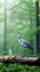 Fototapeta premium A gray heron stands poised on a log adorned with wildflowers, reflecting serene morning light in its natural environment