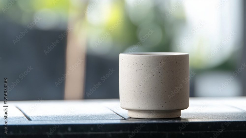 Poster small white ceramic cup sitting on a black surface. the cup appears to be empty and has a speckled t