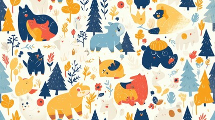 A whimsical illustration featuring various animals in a colorful forest setting.