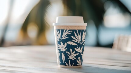 Coffee cup with a white lid on a wooden table. the cup is blue with a floral pattern in white. the background is blurred, but it appears to be an outdoor setting with palm trees and a blue sky.