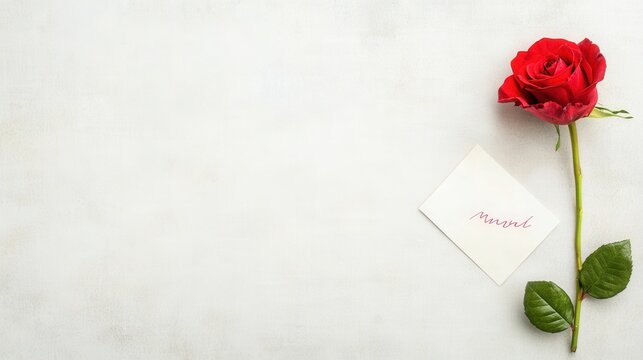 Romantic red rose with handwritten note on neutral background for sentimental occasions