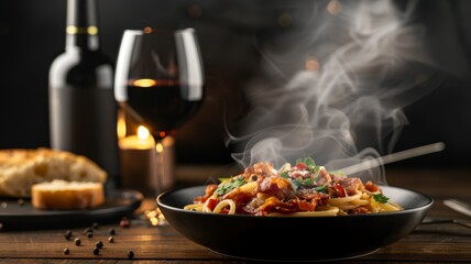 Spaghetti Carbonara: A plate of spaghetti tossed in a creamy sauce made from eggs, Parmesan cheese, and pancetta, garnished with fresh parsley and black pepper.