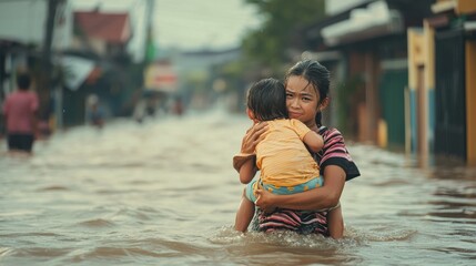 A poignant image of a young girl navigating floodwaters while carrying a child, highlighting the impact of natural disasters on vulnerable communities.