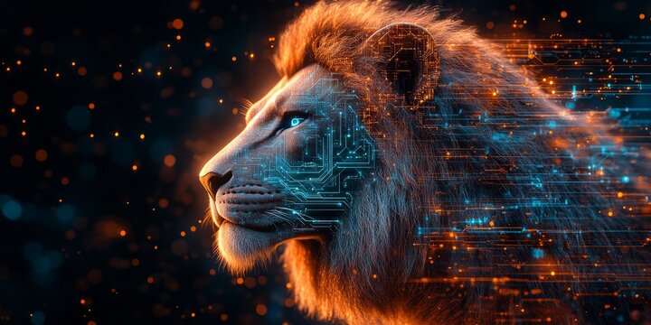 Abstract high-tech lion head created with digital elements showcasing power and innovation