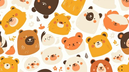 A colorful pattern featuring cute, cartoon-style bear faces and small animal illustrations.