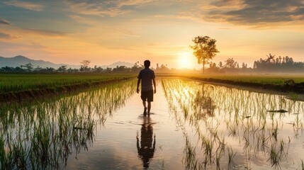 A serene landscape featuring a person walking through a reflective rice field at sunset, surrounded by vibrant nature and tranquil scenery.