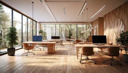 Fototapeta premium Modern open space office with wooden elements and minimalist chairs on a bright interior background. 3D Rendering