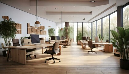 Modern open space office with wooden elements and minimalist chairs on a bright interior background. 3D Rendering
