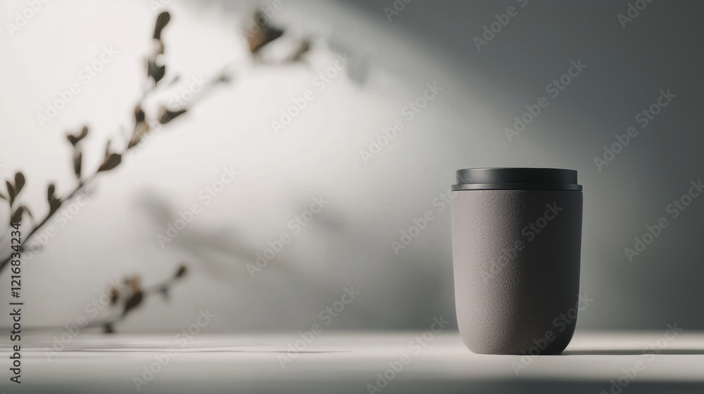 Poster close-up of a small, cylindrical object with a black lid. it appears to be made of a light-colored m