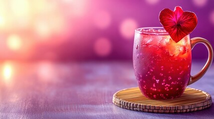 Valentineâ€™s Day Drink: A spiced cherry and hibiscus tea mocktail with a heart-shaped hibiscus flower garnish, served in a ceramic mug with a bamboo coaster