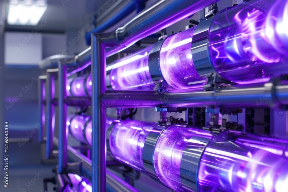Poster rows of plasma reactors are glowing purple while conducting an experiment in a laboratory
