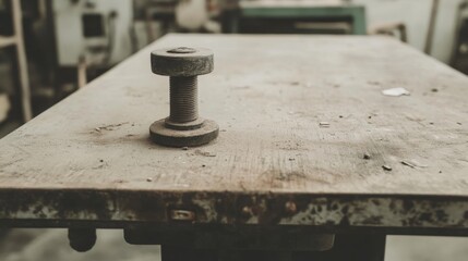Close-up of a rusty dumbbell resting on a weathered wooden table in a workshop setting