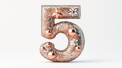 Decorative Number Five in Glossy Rose Gold with Festive Designs