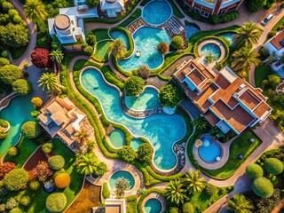 Aerial View Serene Spa Retreat Lush Greenery Tranquil Pool Wellness Escape