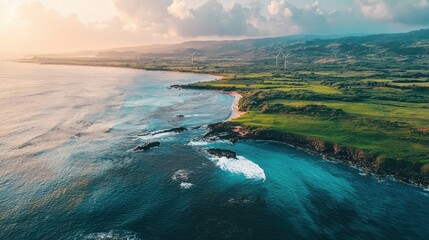 A stunning aerial view of a serene coastline, showcasing vibrant blue waves crashing against the shore, surrounded by lush green hills under a golden sunset.