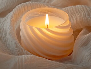Lit decorative candle with a spiral design, resting on soft, textured fabric.