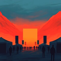 A vibrant sunset scene with silhouetted figures walking towards a glowing square, surrounded by mountains and tents.