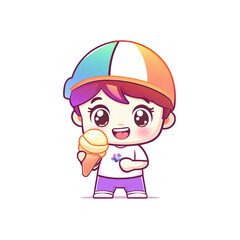 Joyful child enjoying ice cream in a colorful hat at a summer fair cartoon style cheerful vibe