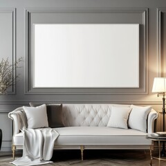 Elegant Living Room with White Couch and Blank Wall for Art Display