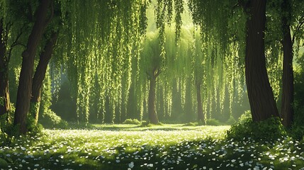 Serene, sunlit forest with tall weeping willow trees, their branches draped in vibrant green leaves.