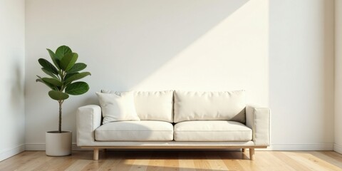 A minimalist living room interior featuring a light beige sofa and a potted fiddle-leaf fig plant, bathed in soft sunlight against a bright white wall