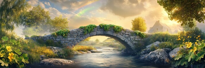 Fototapeta premium Stone bridge over flowing river with lush landscape and rainbow in the sky