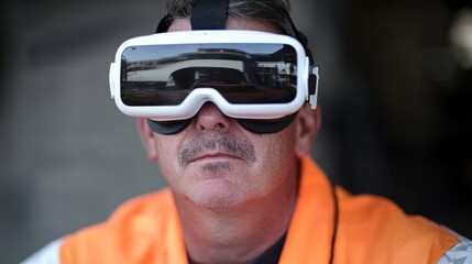 Man immersed in virtual reality wearing advanced vr goggles, experiencing futuristic digital technology in a high-tech environment with neon lights and a modern sci-fi aesthetic