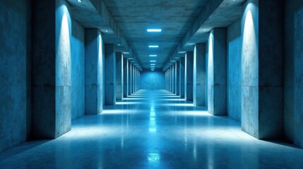 Long, dimly lit concrete corridor with evenly spaced pillars and overhead lighting