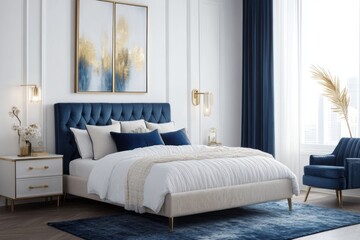 Obraz premium Elegant Blue And Beige Bedroom Interior Design