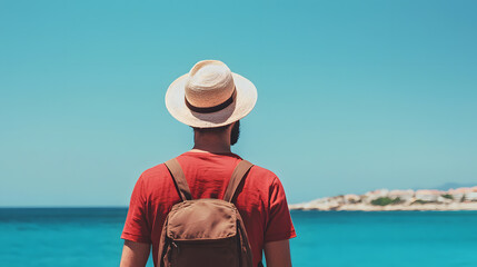 Relaxing beach escape man in straw hat enjoying ocean view tropical setting natural light