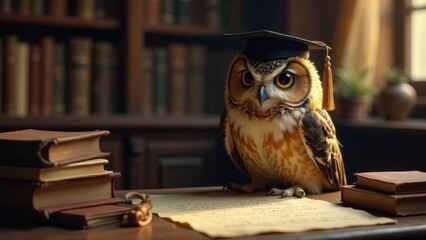 A wise owl wearing a graduation cap, perched on a desk amidst a collection of antique books and an aged manuscript, symbolizes academic achievement and the pursuit of knowledge.