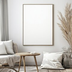 Modern Cozy Living Room with Blank Wall Frame and Soft Textures