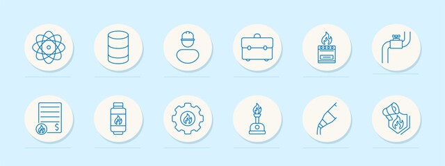 Gas and energy set icon. Atom symbol, barrels, worker, briefcase, stove, pipeline, gas contract, gas filter, flame gear, Bunsen burner. Represent natural gas production, tools, and safety