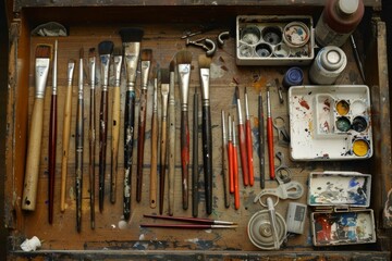Artist paint brushes and color palette laying on wood desk top view