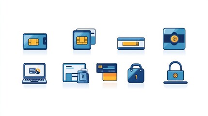 Fototapeta premium Set of SIM cards, credit cards, and online security icons.