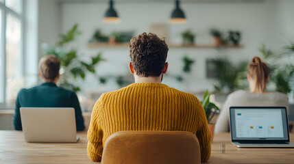 Collaborative work session modern office team meeting productive environment back view focus on workflow