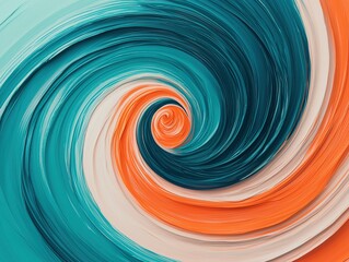 A vibrant swirl of turquoise, orange, and cream colors creates a dynamic, abstract pattern that evokes movement and fluidity.