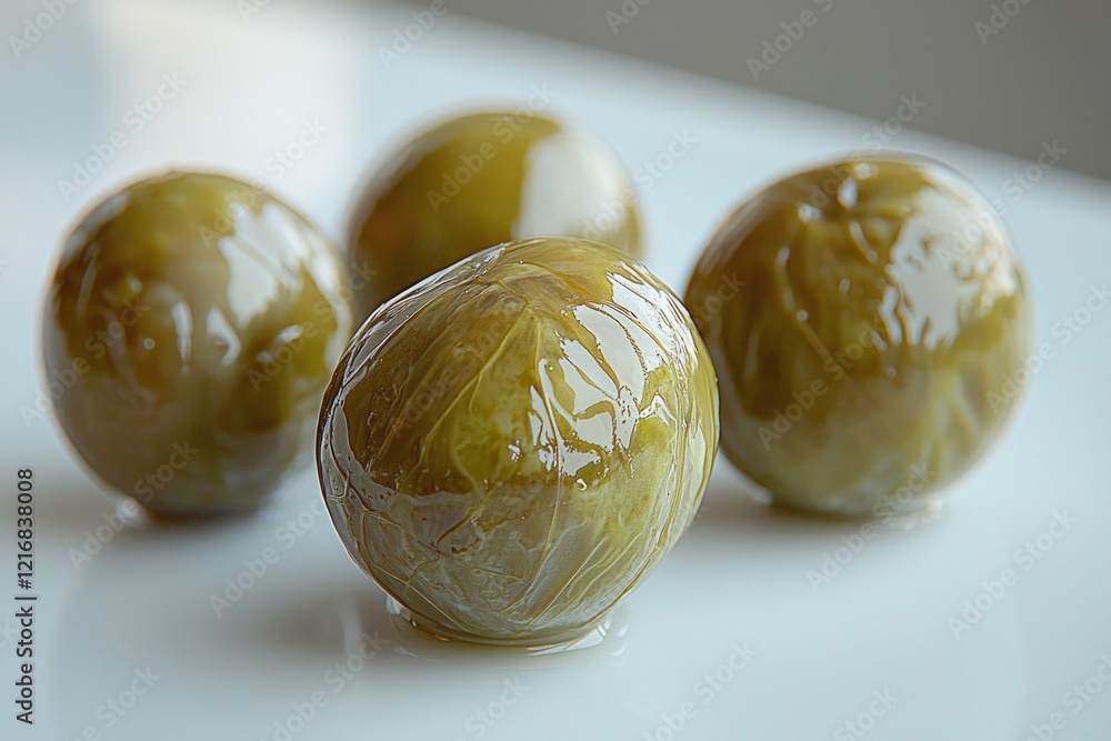 Poster macro capture highlights solitary pickled caper featuring prominent wrinkled texture and olive green