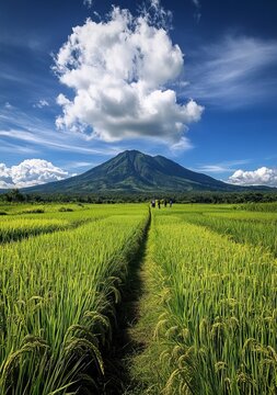 A photo of the grassy peak of Mount Arayat in Kalung, tanjil r&Atilde;&laquo;a with blue sky and white clouds. In front is an endless rice field.