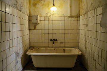 Old abandoned bathroom with dirty bathtub, tiled walls stained by black mold and mildew, and a dimly lit single overhead lamp.