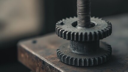 Close-up of interlocking metal gears on a workbench, showcasing intricate machinery details
