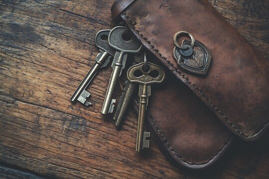 Vintage Keys in a Leather Pouch on Rustic Wood