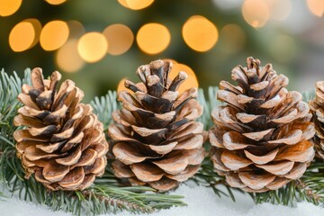 Close-up of Pine Cones on a Branch with Blurry Background . Three cones nestled on a branch surrounded by vibrant green leaves, showcasing nature's intricate beauty.