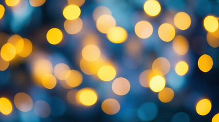 Obraz premium Abstract golden bokeh lights softly illuminate a dark blue background creating a dreamy blurred effect