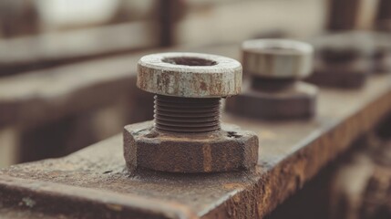 Close-up of rusted bolts and nuts on an industrial metal surface, showcasing wear and tear