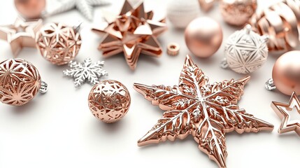 Elegant Christmas Ornaments in Rose Gold and Silver on White Surface