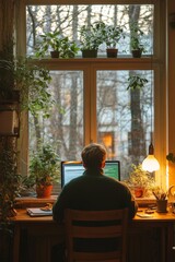 Cozy Home Office with Indoor Plants Person Working Remotely on Laptop by Window with Natural Light