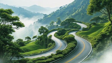 Fototapeta premium Curvy mountain road with greenery, cut out